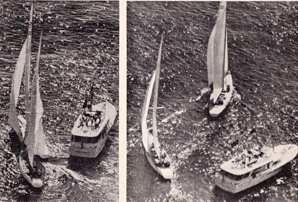 1970 America’s Cup - Startline incident - Left frame - Intrepid passes between the bow of Gretel II and the Committee Boat. In the right hand frame, Intrepid sails away. © SW